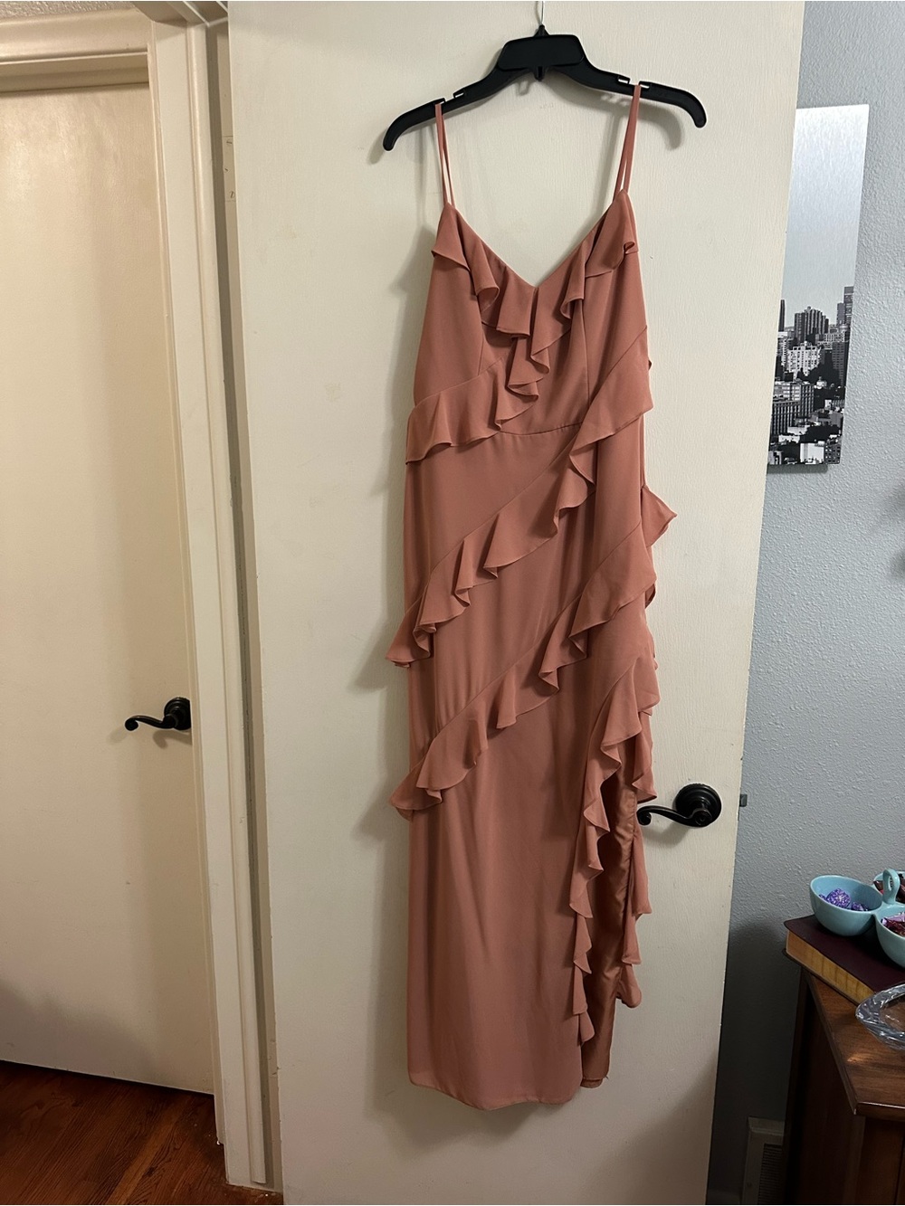 Ruffled Spaghetti-Strap Maxi Dress in Dusty Rose